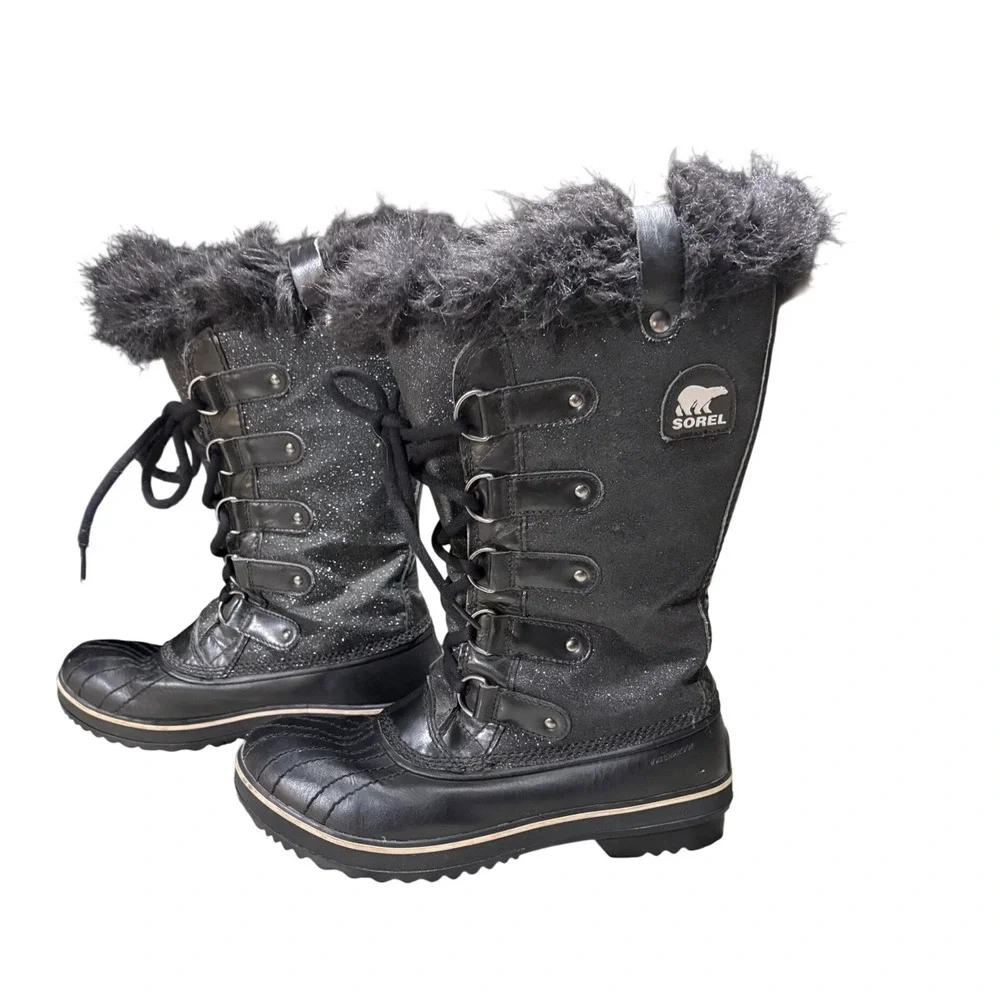 Sorel‎ Tofino Snow Boots Women 8 Black Sparkle Waterproof Faux Fur Trim EUC